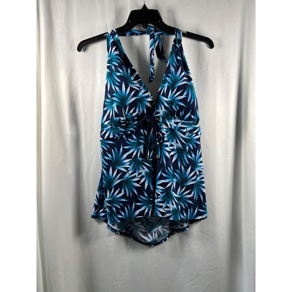 Coastal Blue Womens 3X Tropical Palm Leaf Halter Tankini Top Navy Teal White